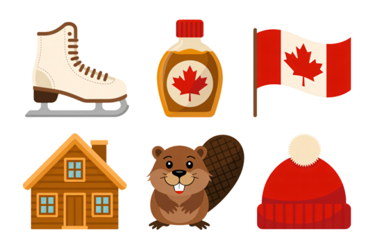 Iconic Canadian symbols including maple syrup, beaver, and flag