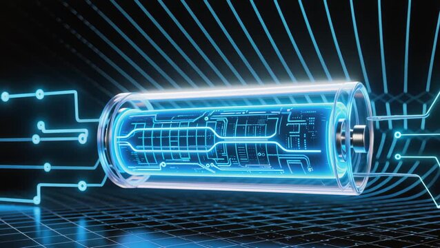Close-up of futuristic magnesium battery cell with transparent casing, glowing blue electrolyte, and dendrite-free anode design, representing next-generation energy storage and clean power technology.