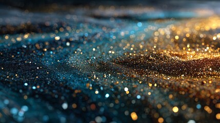 Abstract close-up of shimmering glitter particles in blue and gold tones, creating a mesmerizing visual effect, ideal for backgrounds and artistic designs