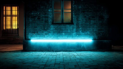 Urban scene featuring a brick wall illuminated by a vibrant blue neon light, creating a striking contrast with warm window glow, enhancing the nighttime atmosphere and visual appeal