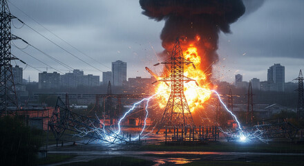 An explosion at a power station caused a power line break, resulting in a power outage in the city.