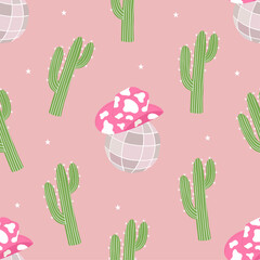 Seamless pattern with disco ball, cowboy hat and cactus. Wild west, western themed. Hand drawn vector design