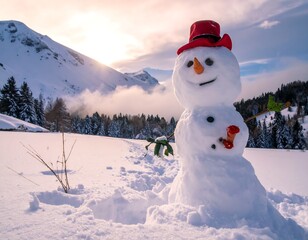 A happy snowman stands in a snowy landscape near mountains