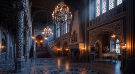 The Great Cathedral in the Royal Hall with a fireplace and throne in an ancient interior.