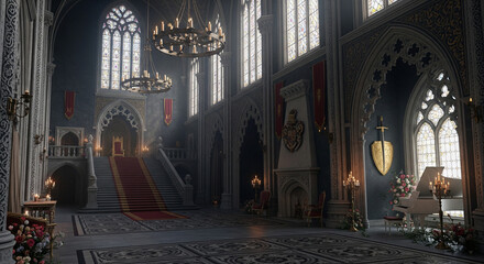 The Great Cathedral in the Royal Hall with a fireplace and throne in an ancient interior.
