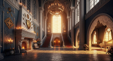 The Great Cathedral in the Royal Hall with a fireplace and throne in an ancient interior.