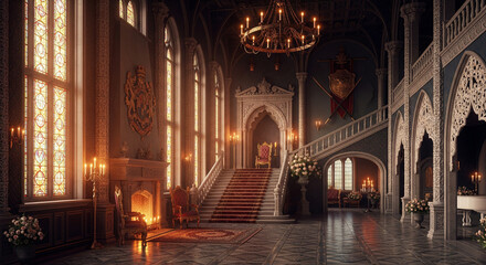 The Great Cathedral in the Royal Hall with a fireplace and throne in an ancient interior.