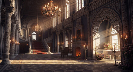 The Great Cathedral in the Royal Hall with a fireplace and throne in an ancient interior.