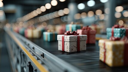 Colorful wrapped gifts on a conveyor belt in a festive warehouse, showcasing various patterns and ribbons, symbolizing the joy of giving during holiday celebrations