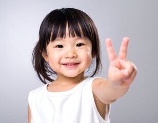 A happy toddler girl smiles, holding up two fingers in a victory sign
