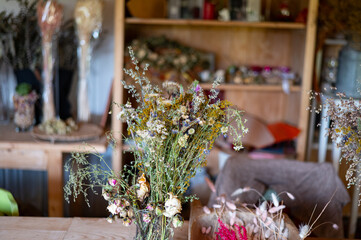 vintage dry flower arrangements in flower shop