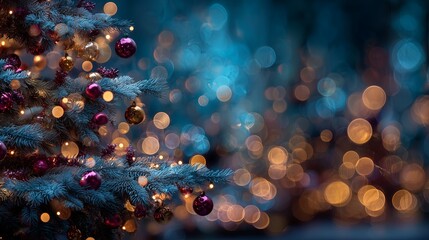 Christmas tree adorned with colorful ornaments and twinkling lights, creating a festive atmosphere with blurred background of glowing bokeh lights, evoking holiday spirit and joy