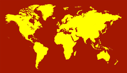A minimalist world map with yellow continents against a red ocean backdrop. This vector map features a modern graphic design that combines simplicity and information.
