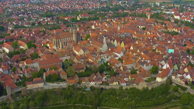 Aerial panoramic view of the city Rothenburg ob der Tauber in Germany, Bavaria on a sunny spring day