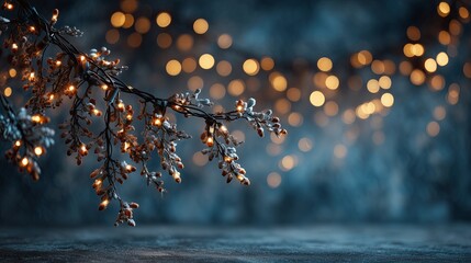 Delicate branch adorned with twinkling fairy lights, creating a magical atmosphere against a blurred background of soft bokeh, perfect for festive celebrations and seasonal decor