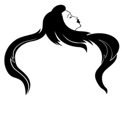 A black & white silhouette of a woman with long hair