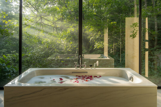 Luxurious marble bathtub with person relaxing amidst lush green garden view spa bathroom