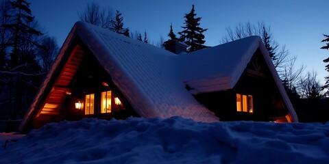 Serene Winter Evening with Snowy A-Frame Cabin