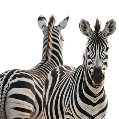 Two zebras with unique black and white stripes are depicted in close proximity, showcasing their distinctive patterns.