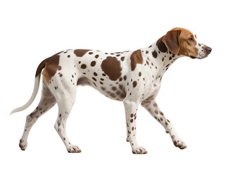 A spotted dog is shown in profile, walking with a graceful and steady movement.