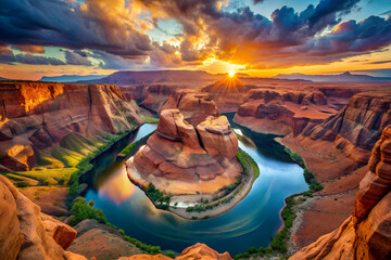The vibrant red rock landscape of the Grand Canyon Arizona is bathed in the spectacular colors of sunset