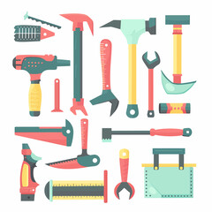 A colorful illustration of various hand tools, flat design. Perfect for DIY projects or construction