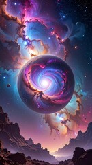 A cosmic sphere surrounded by vibrant nebulae and celestial bodies