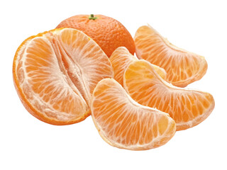 Peeled orange segments arranged naturally isolated on transparent background, fresh citrus fruit photography element for healthy food design and organic product presentation, realistic juicy orange 