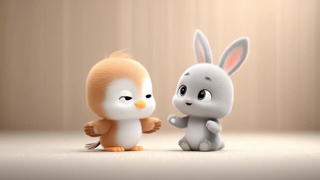 Cartoon Bird and Rabbit Warm Interaction