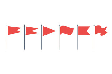 Collection of distinct red flags on poles signaling diverse alerts and warnings
