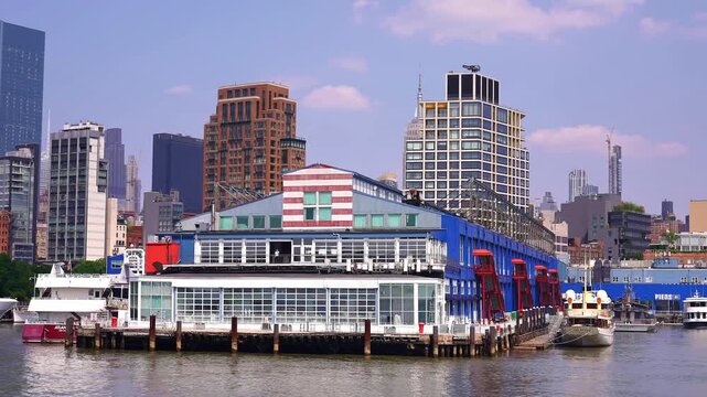 New York City coastline. view of NYC Manhattan modern skyscraper high-rises. High glassy skyscraper offices and apartments in New York.