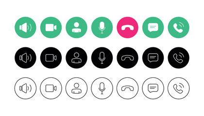 Set of video call buttons. Collection of internet conversation buttons. Web app ui display template. Collections buttons of on-line video chat app, internet talk, call technology. Vector illustration