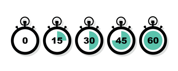 Set of timer icon. Stopwatch. Clock, time. Countdown. Set of icons with different time.  Chronometer, timer sign. Flat illustration of stopwatch vector icon for web design. Vector illustration
