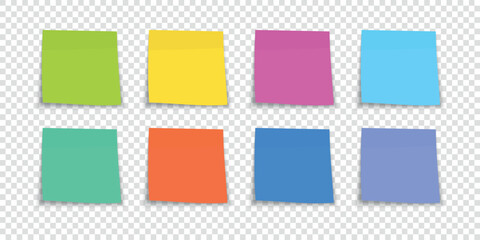Collection of different colored sheets of note papers. Set of sheets of note papers. Collection of sticky notes with shadow. Realistic paper stickers for your message. Vector illustration