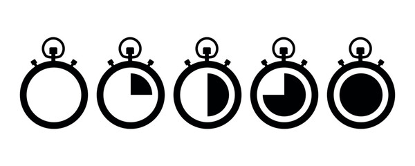 Set of timer icon. Stopwatch. Clock, time. Countdown. Set of icons with different time.  Chronometer, timer sign. Flat illustration of stopwatch vector icon for web design. Vector illustration