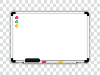 Magnetic marker whiteboard with erasing sponge pen and magnets. Empty white marker board. Mock-up office white blackboard. Whiteboard with marker pens and a sponge