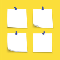Collection of various white note papers. Collection of notes with curl and shadow, pinned red pushbuttons. Realistic paper stickers for your message. Vector illustration