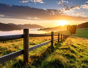 Sunrise over a misty valley with a wooden fence