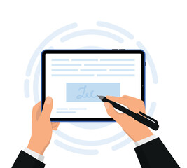 Isometric electronic signature concept. Electronic signature on tablet.  Electronic document, digital form attached to electronically transmitted document. Vector illustration