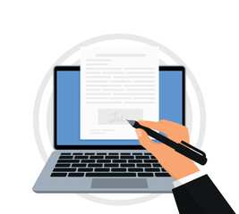 Isometric electronic signature concept. Electronic signature on laptop.  Electronic document, digital form attached to electronically transmitted document. Vector illustration