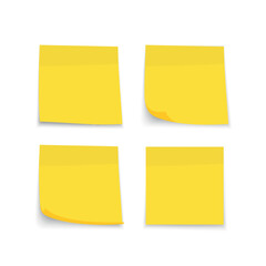 Set of yellow sheets of note papers. Collection of sticky notes with curl and shadow. Realistic paper stickers for your message. Vector illustration