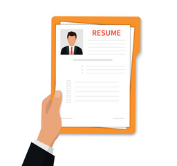Resumes. Resume form. Resume template. Selecting staff. Concept of human resources management. Searching professional staff. Concept of employment. Business resume. Vector illustration
