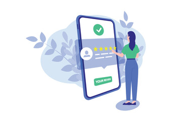 User reviews online. Customer feedback review experience rating concept. User review with good rate. Rating bubble. User client service message. Feedback, experience concept