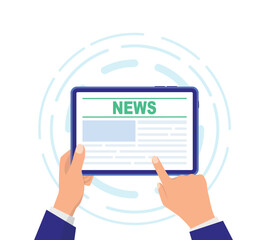 Online news. Online reading news. News website on tablet screen. Tablet with newspaper, news site. News webpage, information about events, activities. Vector Illustrations