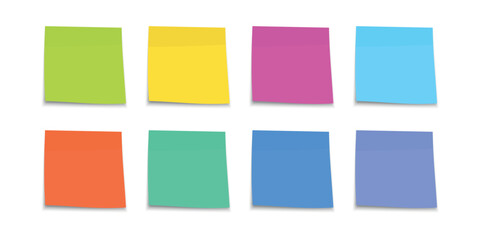 Collection of different colored sheets of note papers. Set of sheets of note papers. Collection of sticky notes with shadow. Realistic paper stickers for your message. Vector illustration