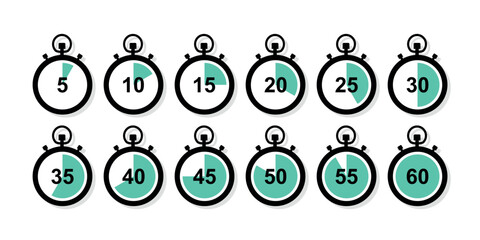 Set of timer icon. Stopwatch. Clock, time. Countdown. Set of icons with different time.  Chronometer, timer sign. Flat illustration of stopwatch vector icon for web design. Vector illustration