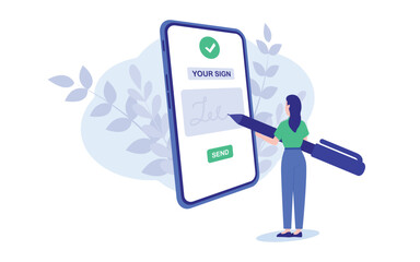 Isometric electronic signature concept. Electronic signature on smartphone screen. Electronic document, digital form attached to electronically transmitted document. Vector illustration