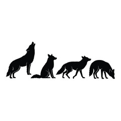 Dynamic silhouette collection of five wolves in various poses for wildlife art and design vector