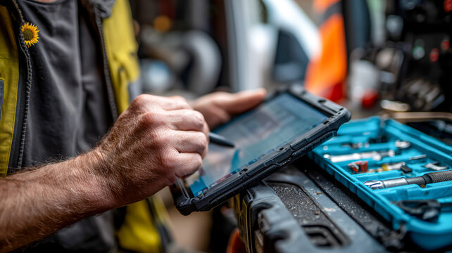 Worker using a digital tablet and stylus. Tool box nearby on a portable table. Wearing jacket with yellow accents. - Powered by Adobe