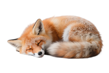 A red fox is seen sleeping peacefully with its eyes closed, showcasing its soft fur and relaxed posture.